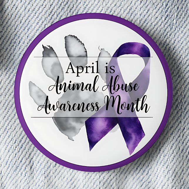 Paw Print April Tiermissbrauch Monat Aufklärung Button (April is Animal Abuse Awareness Month.  Paw print with purple awareness ribbon pinback button.)