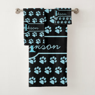Paw Print Blue Glitzer Monogramm Name Katze Pag Badhandtuch Set