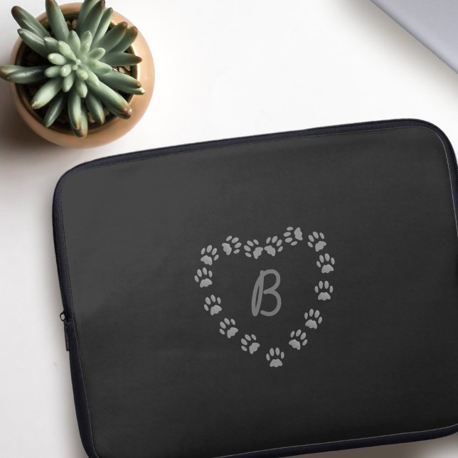 Paw Print Heft Monogram Black Laptop Sleeve (A paw print heart black laptop sleeve with space for your initial)