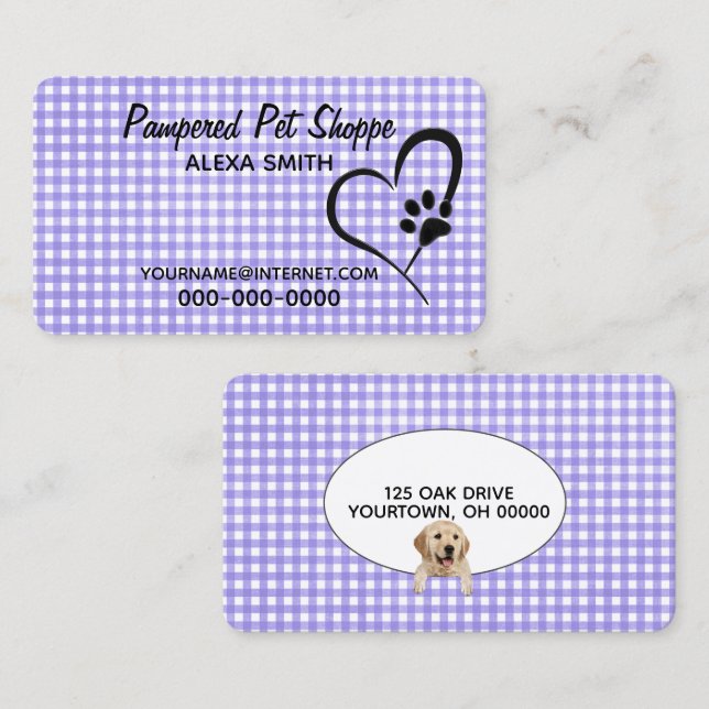 Paw Print on Gingham for Pet Grooming Visitenkarte (Vorne/Hinten)