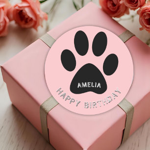 Paw Print Pink Happy Birthday Sticker mit Name