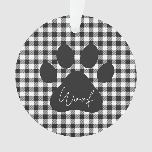 Paw Print WOOF Buffalo Karierter Schwarz-weißer Ha Ornament (Vorderseite)