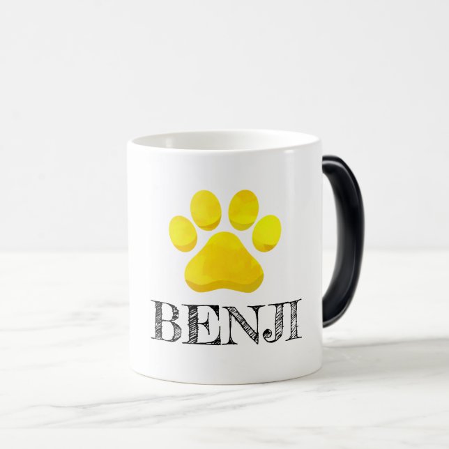 Paw Print Yellow PET NAME Modern Four Legacy Fun Verwandlungstasse (VorderseiteRechts)