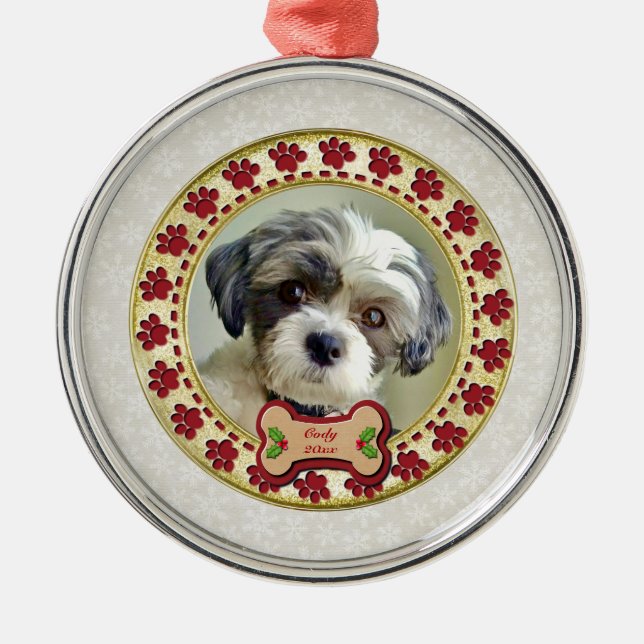 Paw Prints and Gold Frame Custom Pet Photo Ornament Aus Metall (Vorne)