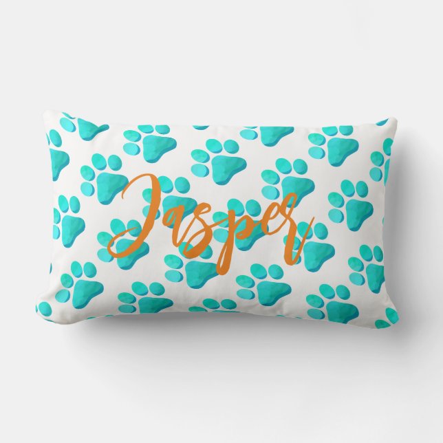 Paw Prints Aqua Blue PET NAME Orange Artisan Fun Lendenkissen (Vorderseite)