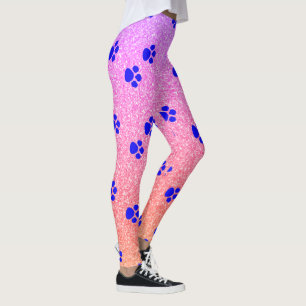 Paw Prints Blue Patterns Pink Rose Gold Glitzer Leggings