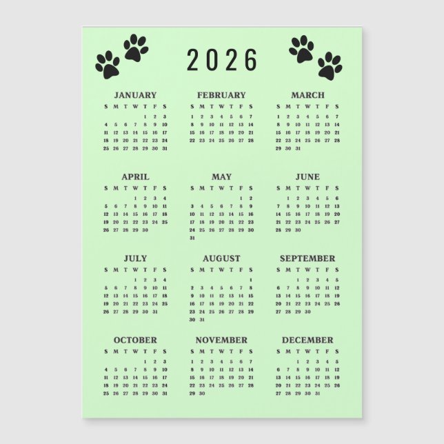 Paw Prints Design 2026 Calendar Magnetic Card Magnetkarte (Vorderseite)