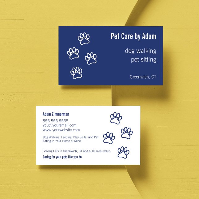 Paw Prints Dog Walker Pet Sitter Dunkelblau Visitenkarte (Pet Care Dog Walker Dog Sitter  Paw Print Business Card in Dark Blue)