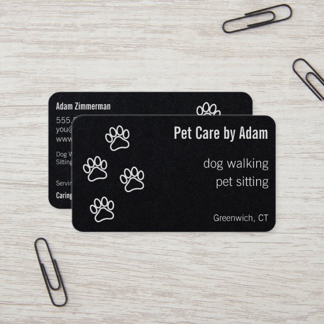 Paw Prints Dog Walker Pet Sitter Premium Black Visitenkarte (Vorderseite/Rückseite Beispiel)