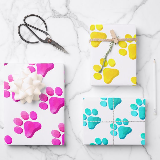Paw Prints Hunde Katzen Rosa Gelb Blauer Spaß Geschenkpapier Set (Vorderseite)