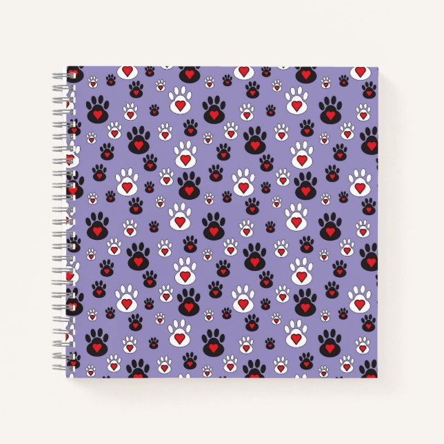 Paw Prints mit roten Herzen auf blau Notizbuch (Vorderseite)