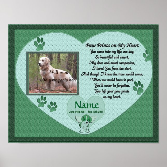 Paw Prints on My Heart - Memorial für Grüne Hunde Poster (Vorne)
