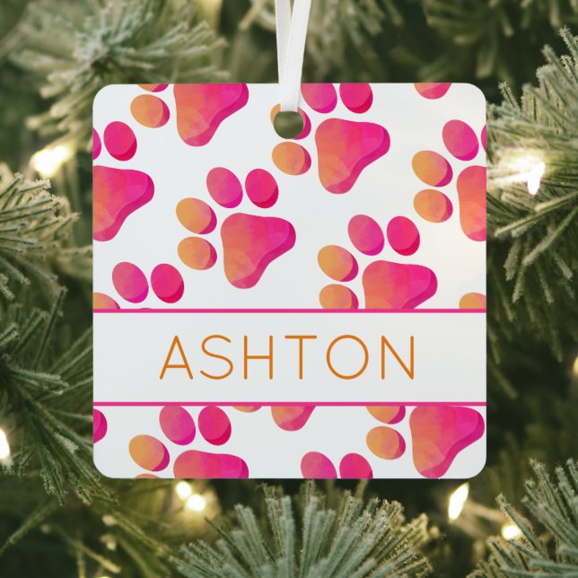 Paw Prints Rosa Orange PET NAME Dog Cat Fun Ornament Aus Metall (InSitu)