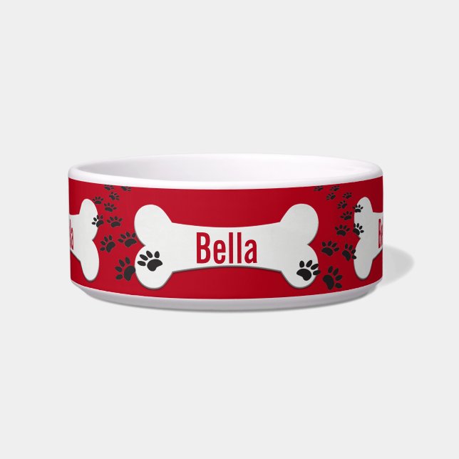 Paw Prints und Dog Bone on Red Napf (Vorderseite)