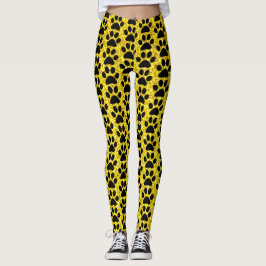 Paw Prints Yellow Gold Glitzer Black Patterns Nied Leggings