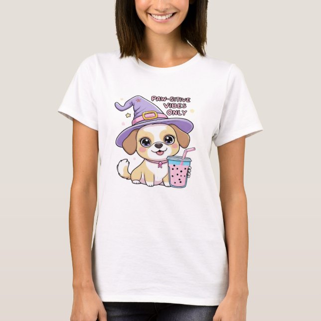 Paw-sitive Vibes Only Cute Dog With Bubble Tea Hal T-Shirt (Vorderseite)