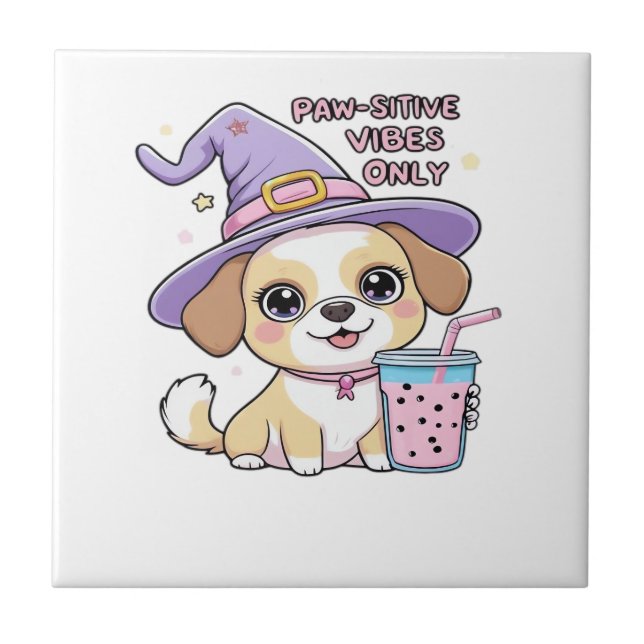 Paw-sitive Vibes Only Süßer Hund Mit Bubble Tea Ha Fliese (Vorderseite)