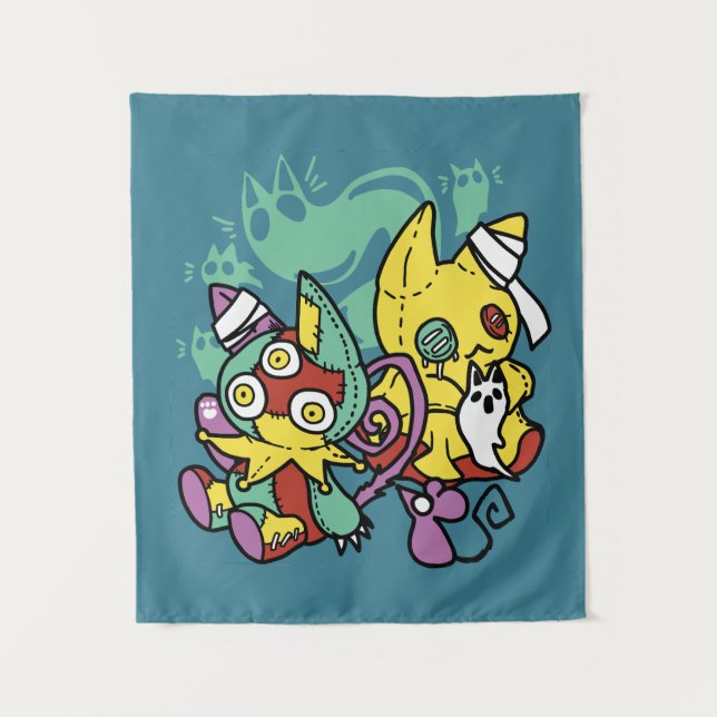 Paw-sitively Frightful | Monstrous Cats Halloween  Wandteppich (Vorderseite)