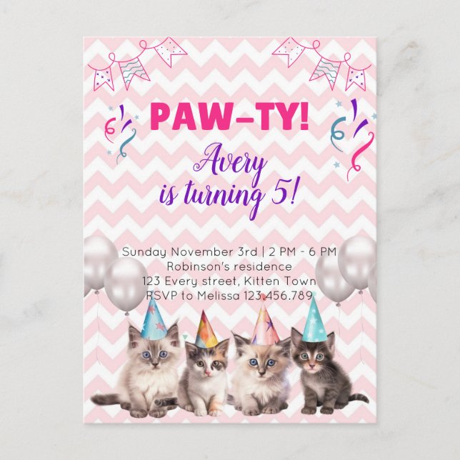 Paw-ty-Kittens-Kindergeburtstag-Party Einladungen (Vorderseite)