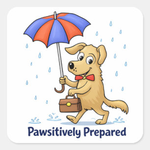Pawfekt vorbereitet – Süßer Hund mit Regenschirm Quadratischer Aufkleber