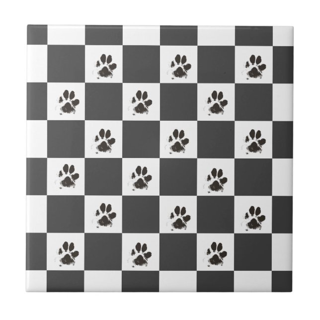 Paws Dog Pet Checkerboard Schwarz-weiß | Fliese (Vorderseite)