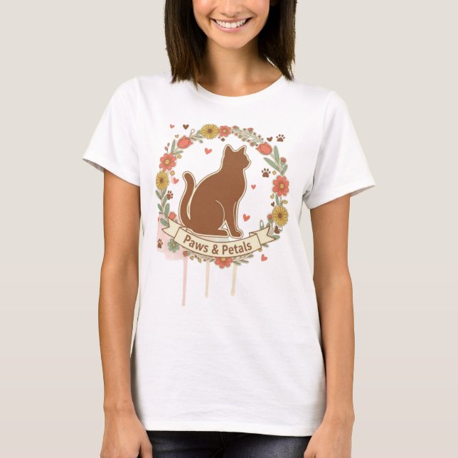 Paws & Petals Cat Floral Design T-Shirt (Vorderseite)