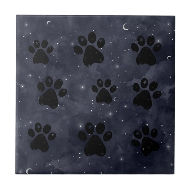 Paws Star und Crescent Moons Blue Watercolor Fliese (Vorderseite)