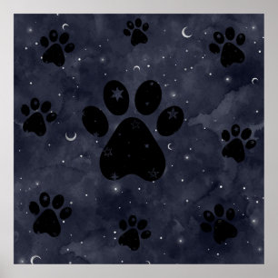 Paws Star und Crescent Moons Blue Watercolor Poster