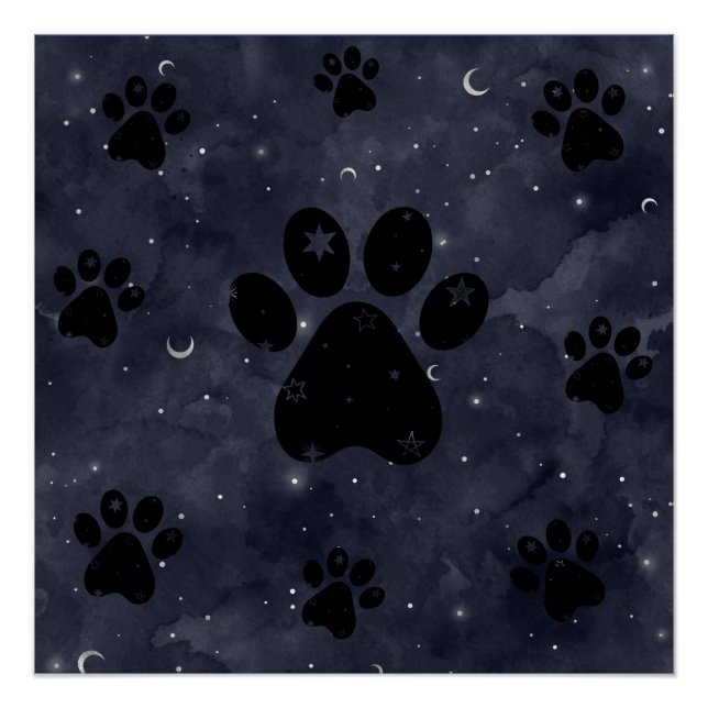 Paws Star und Crescent Moons Blue Watercolor Poster (Vorderseite)