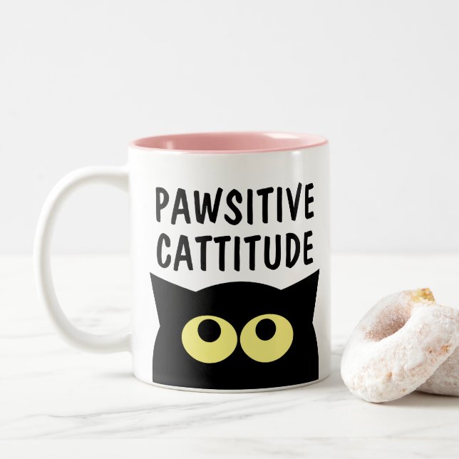 Pawsitive Cattitude lustig Cat Cartoon Kaffeemasch Zweifarbige Tasse (Mit Donut)
