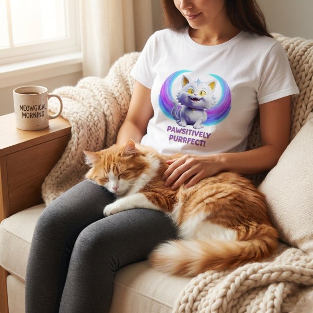 Pawsitively Purrfect Cute Cartoon White Cat Pun T-Shirt (Von Creator hochgeladen)