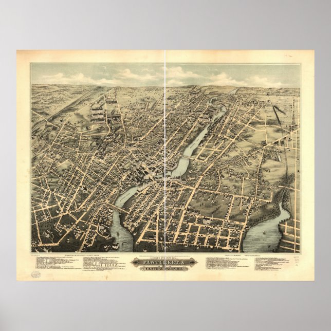 Pawtucket Rhode Island 1891 Antique Panoramabalkar Poster (Vorne)