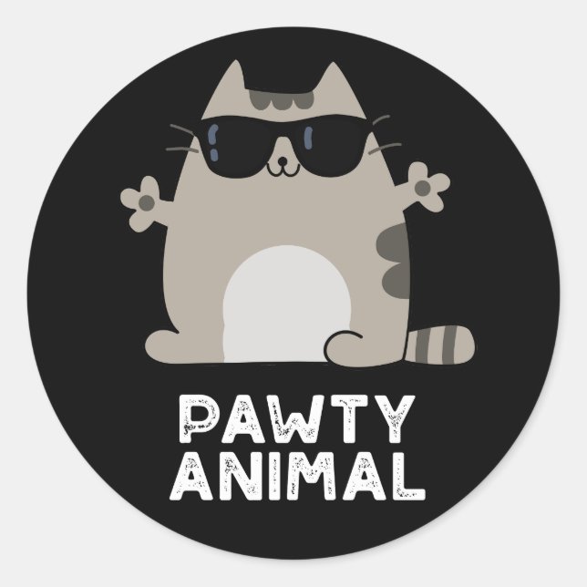 Pawty Animal Funny Party Cat Pun Dark BG Runder Aufkleber (Vorderseite)