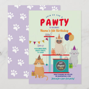 Pawty Birthday Cat Kitten Paw Spaß Lila Einladung