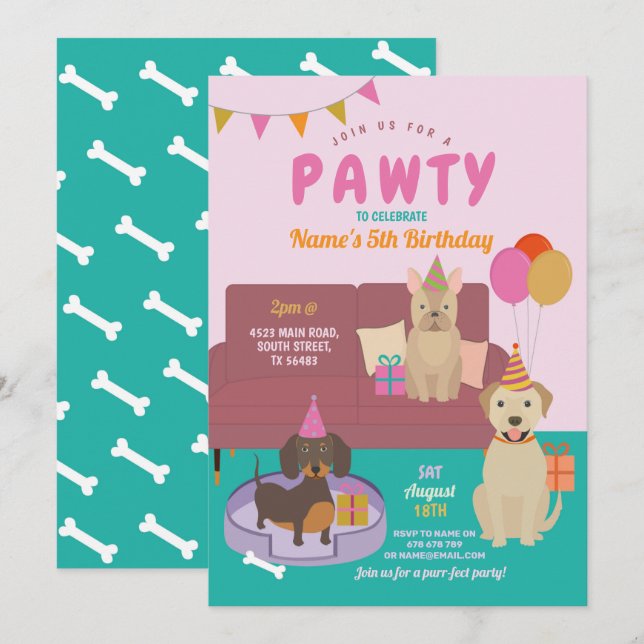 Pawty Birthday Hunde Party Welpe Fun Pink Einladung (Vorne/Hinten)