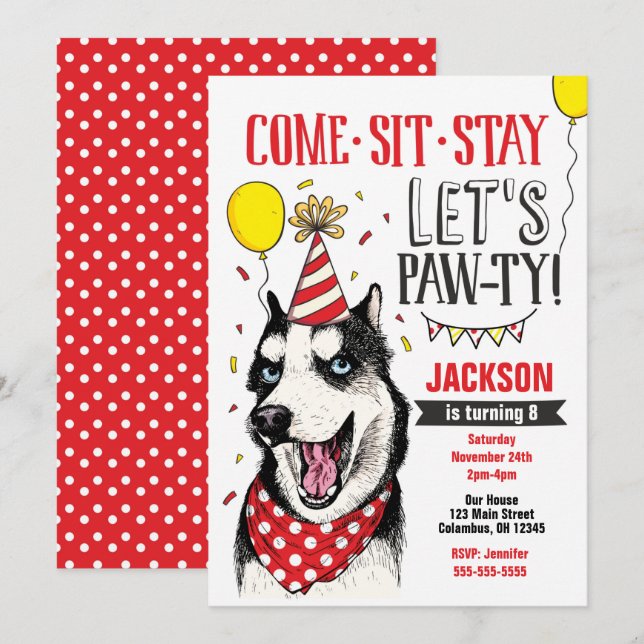 Pawty Birthday Invitation Dog Puppy Husky (Devant / Derrière)