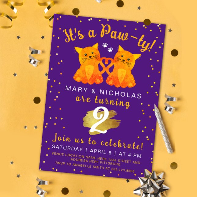 Pawty Lila Orange Twin Friend Kitten Joint Party Einladung (Von Creator hochgeladen)