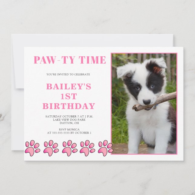 Pawty Rose Heure Chien Anniversaire Invitation (Devant)