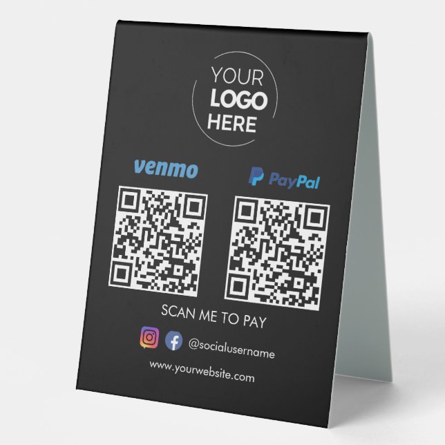 Paypal Venmo QR Code Zahlung | Scannen, um schwarz Tischaufsteller (Vorderseite)