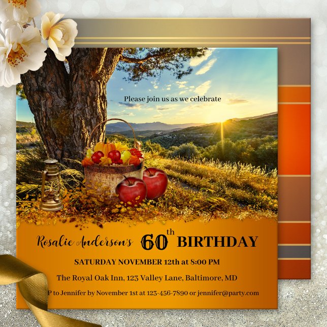 Pays coloré automne Anniversaire Invitation (autumn birthday party invitation featuring a country sunset landscape scene with apples and lantern)