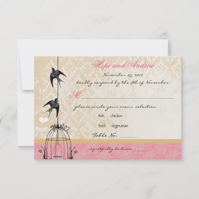 Pays Corail Damask Bird Cage Wedding RSVP (Devant)