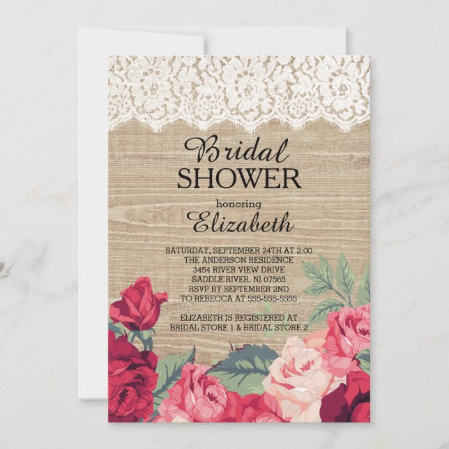 Pays dentelle Rose bois nuptiale douche Invitation (Devant)