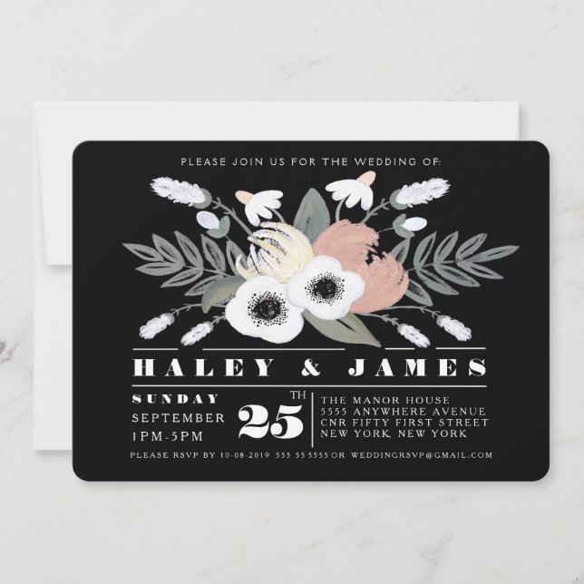 Pays Florals Mariage Black & White Invitations (Devant)