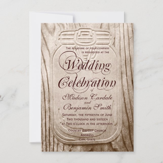 Pays Mason Jar Rustique Bois de mariage Invitation (Devant)