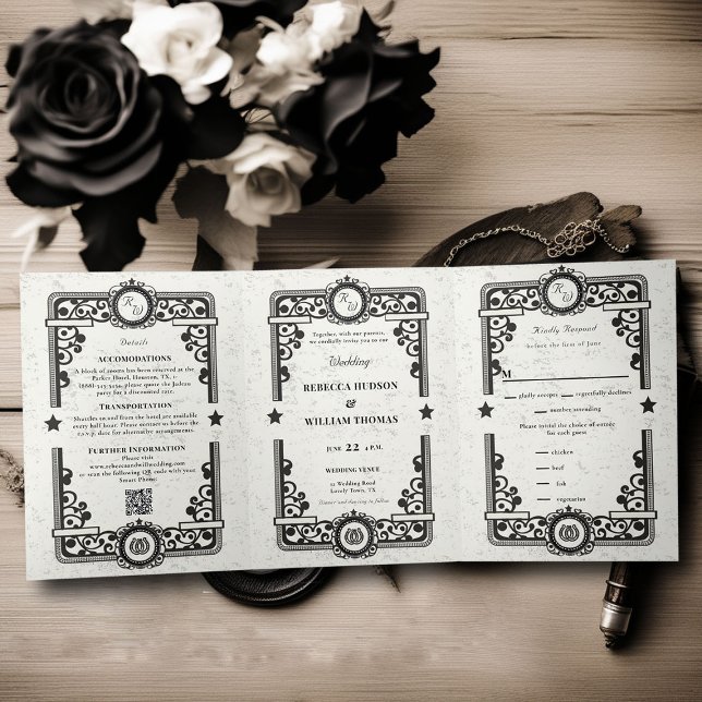 Pays Ouest Noir Blanc Russe triple Mariage (country western black and white wedding invitation all in one formal elegant modern cowgirl ranch)