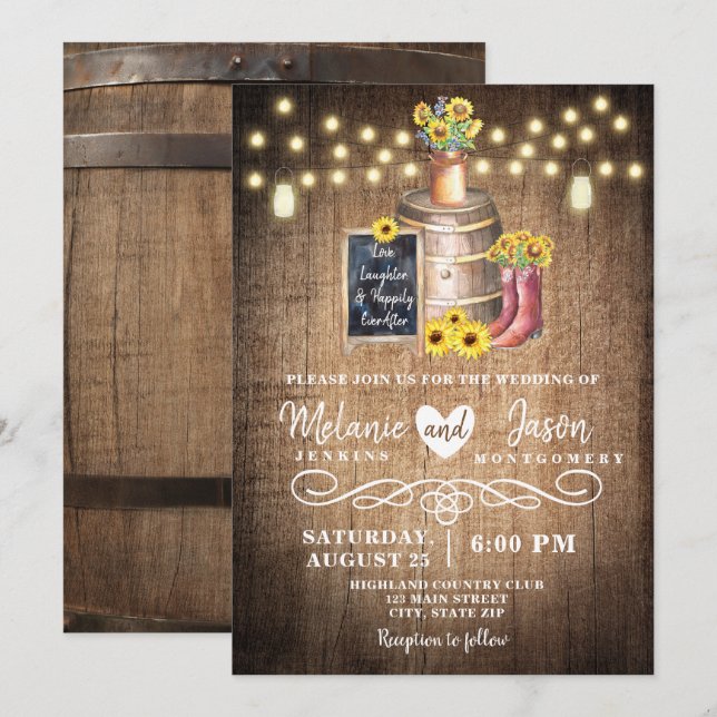 Pays Rustic Bois Barrel Invitations de mariage (Devant / Derrière)