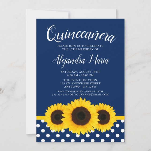 Pays Sunflower Navy Blue Quinceanera Invitation (Devant)