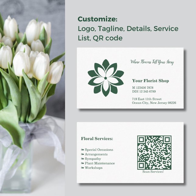 Paysage blanc & vert fleuriste Carte de visite (Landscape White & Green Florist Shop Business Card, Custom Logo, Tagline, Details, Service, QR code)