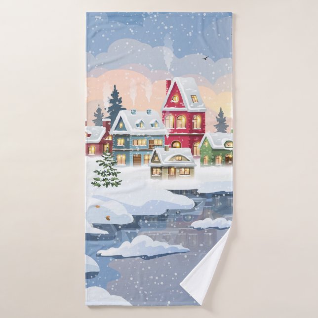 Paysage de Noël d'hiver avec maison enneigée (Serviette de bain)