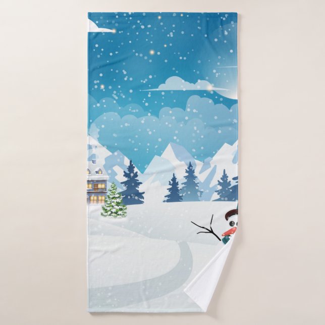 Paysage d'hiver du village du soir avec neige (Serviette de bain)